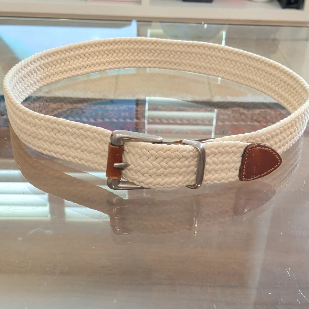 Women's Cream/Ecru Woven Belt with Brown Leather Accents & Silver Buckle